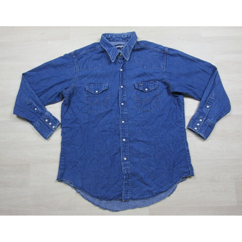 Vintage 90s Wrangler Pearl Snap Denim Shirt Men's (17.5/34) X-Long Tails Western